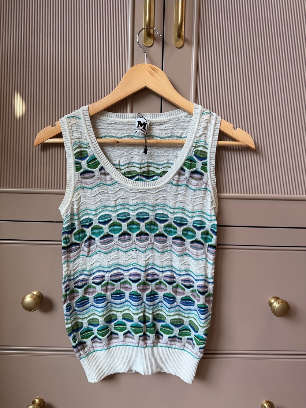 Missoni Cream Tank Top with Green, Blue and Purple Wave Pattern